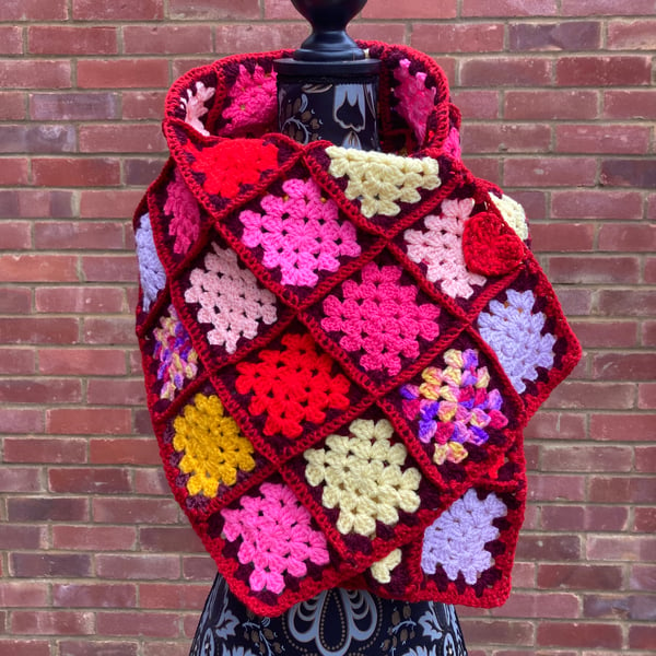 Grannysquare scarf crochet design with heart toggle made to order 