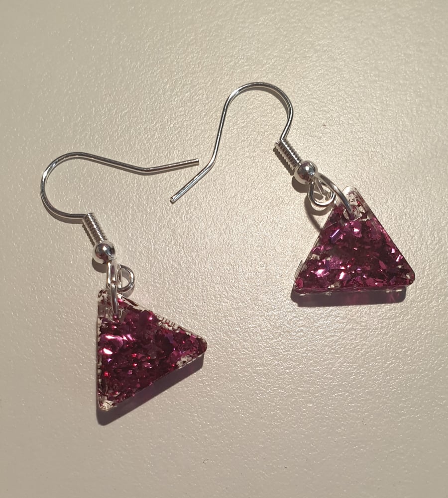 Triangle pink metallic flakes resin earrings