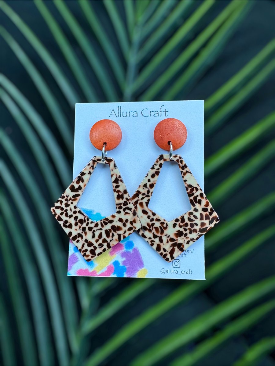 Leopard Print and Orange Hemu Wood Earrings