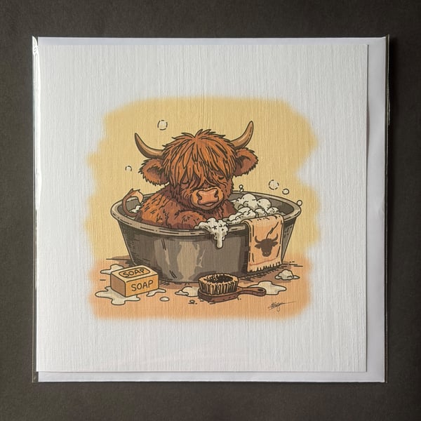 Highland Cow Bath Time Greeting Card - 15cm Square - Hand-Printed Linen Card