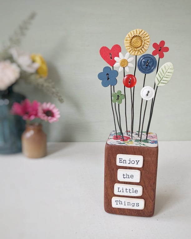 Clay Flower and Button Garden in a Wood Block 'Enjoy the Little Things'