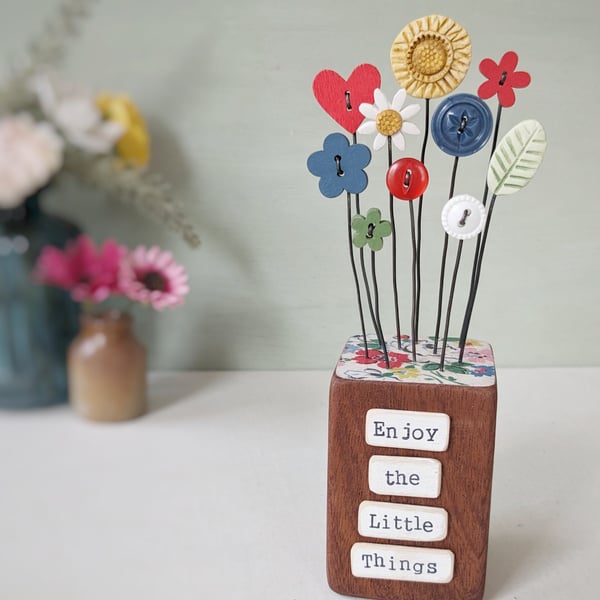 Clay Flower and Button Garden in a Wood Block 'Enjoy the Little Things'