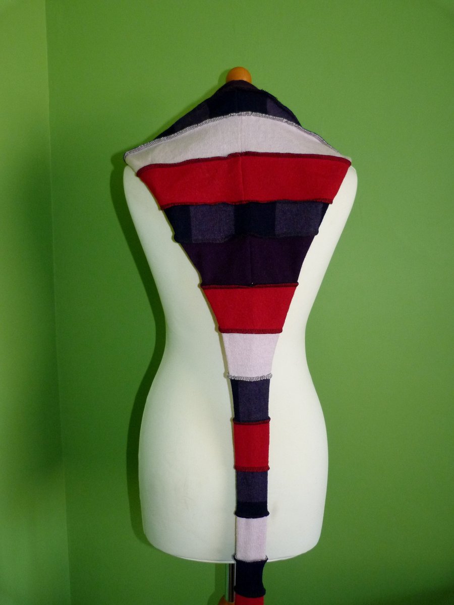 Upcycled Hood  with long Neck Ties.  Red pink and purple. Faerie Festival Wear.