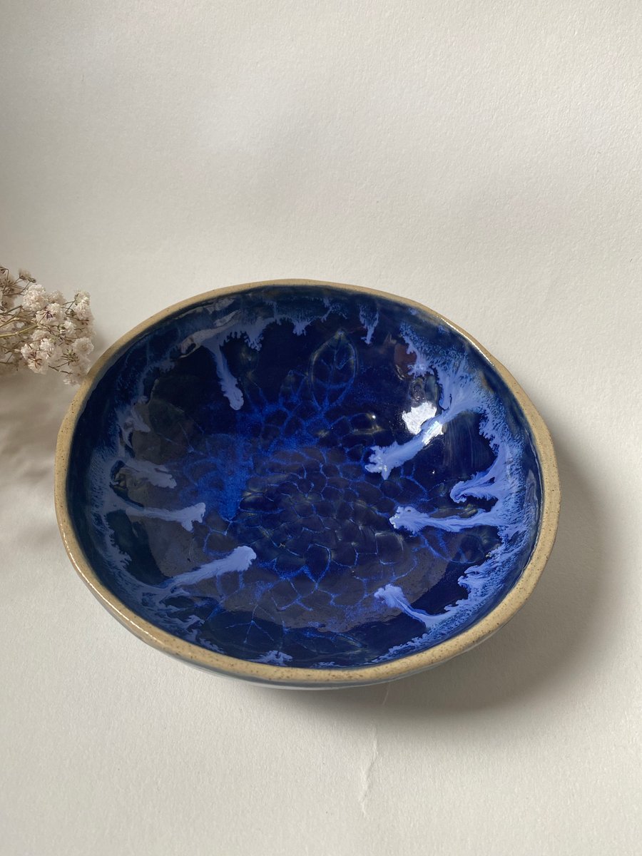Blue carved and lead impressed handmade bowl stoneware 