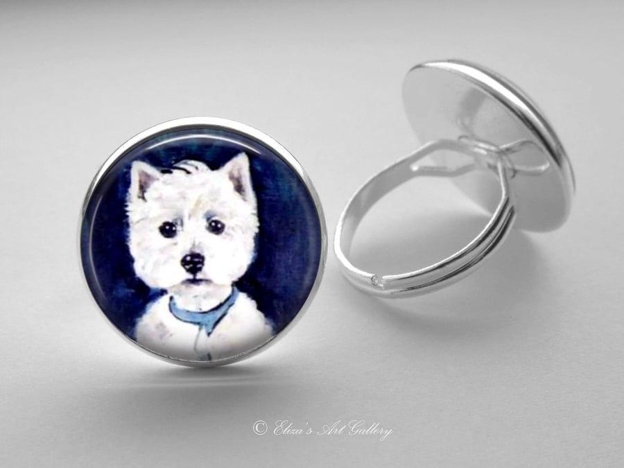 Silver Plated West Highland Terrier Dog Art Glass Cabochon Ring