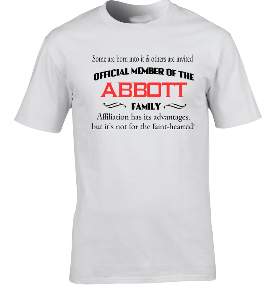 Abbott Surname Men's Lady's T-Shirt Team Member Family Reunion Personalised