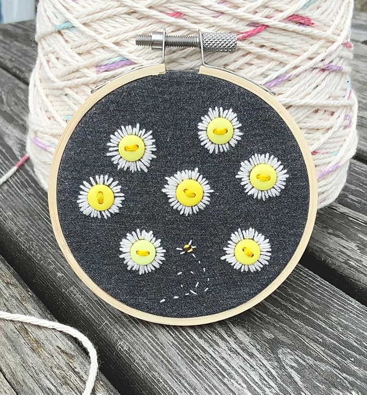 Upcycled Denim Hoop. Embroidered Hoop. Hand Stitched Hoop. Daisy. Daisies.