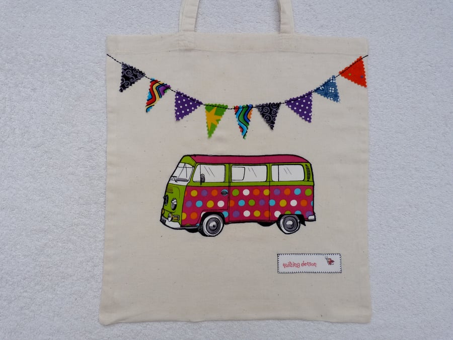 Spot Applique VW Camper Van and Bunting Cotton Canvas Bag with Long Handles