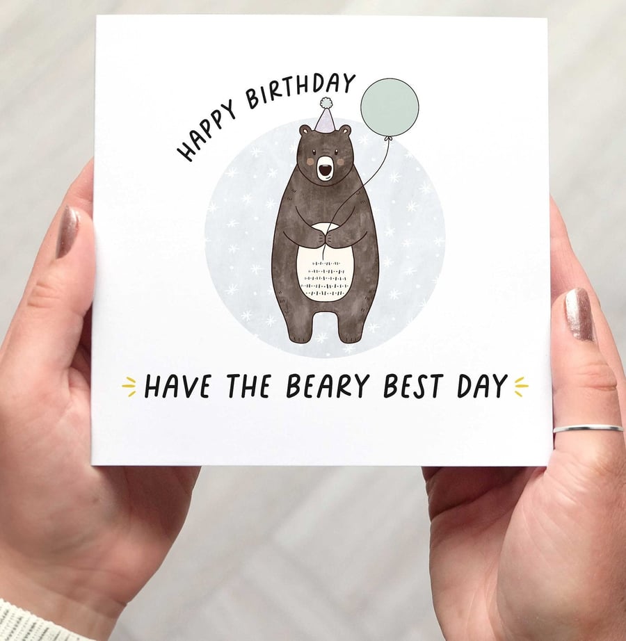 BEARY BEST BIRTHDAY card, happy birthday pun card featuring a cute bear