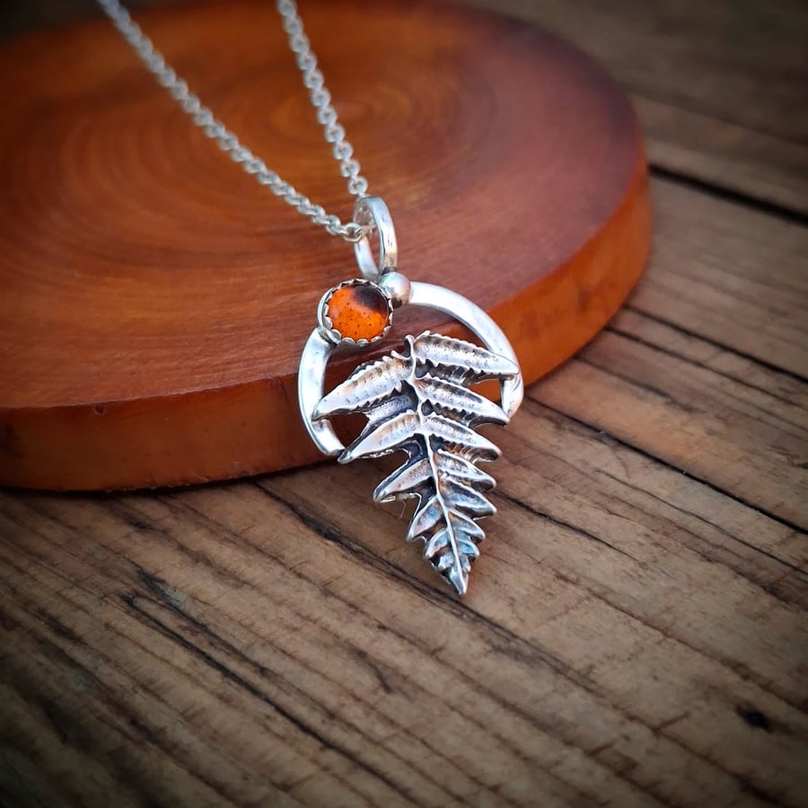 Handmade Fern Leaf with Amber Silver Necklace