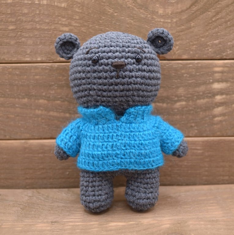 Grey Crocheted Bear in Custom Jumper, Handmade Keepsake Teddy