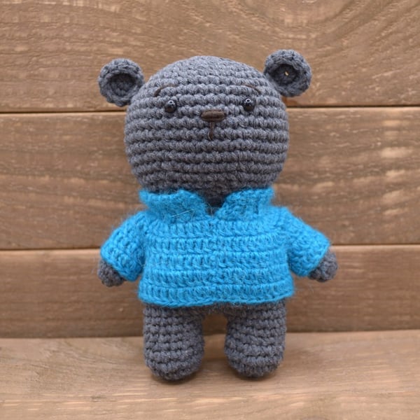 Grey Crocheted Bear in Custom Jumper, Handmade Keepsake Teddy