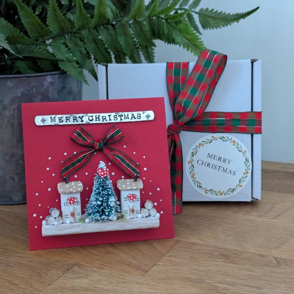 Merry Christmas Card with Handmade Wooden Christmas Decoration Gift 