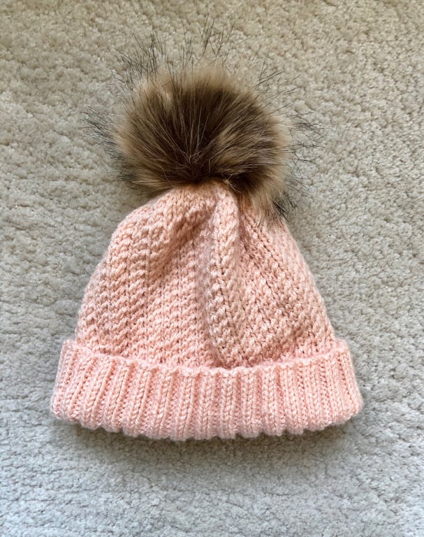 Peach Hand Knitted Hat 18 with removable synthetic pom pom - Small 