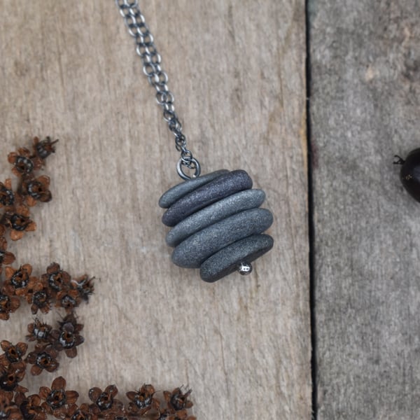 Stacked Pebble and Recycled Sterling Silver Necklace, Stone Necklace, Pendant