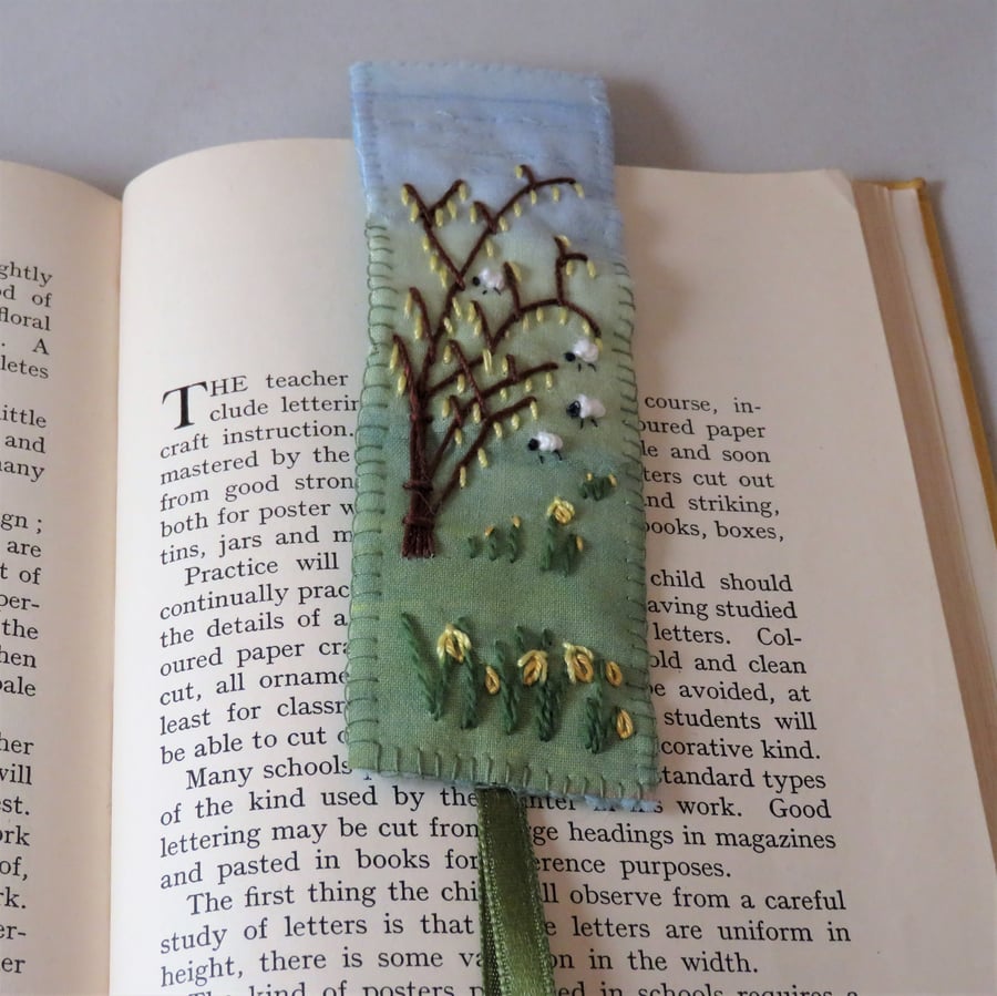 Daffodils, Catkins and Sheep Bookmark - embroidered and painted .