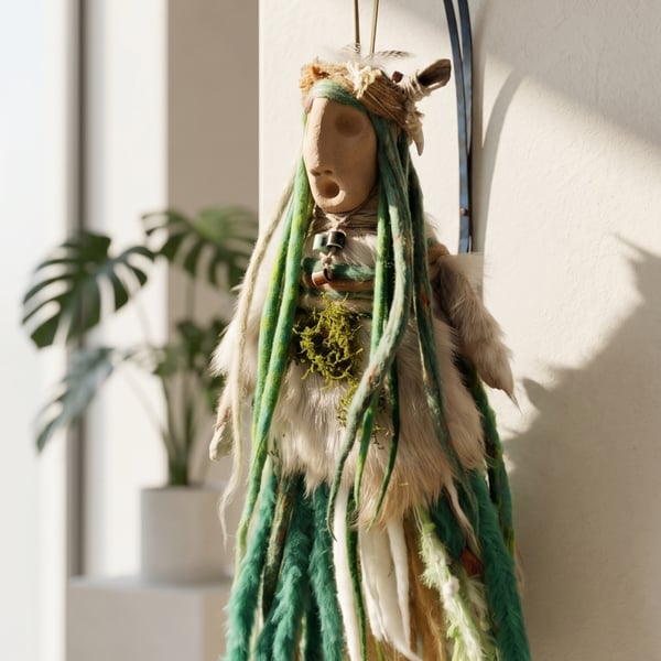 Green Forest Spirit Doll – Handmade Textile Art Doll – Moss Inspired Guardian 