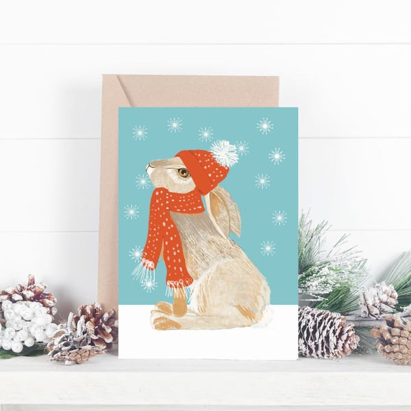 Christmas card Hare In Bobble Hat winter card