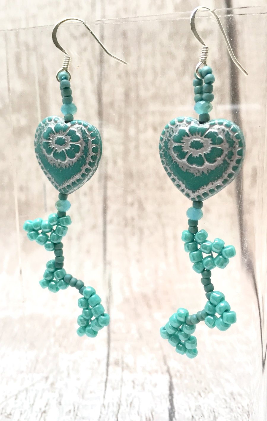 Aqua heart earrings with beaded heart dangles