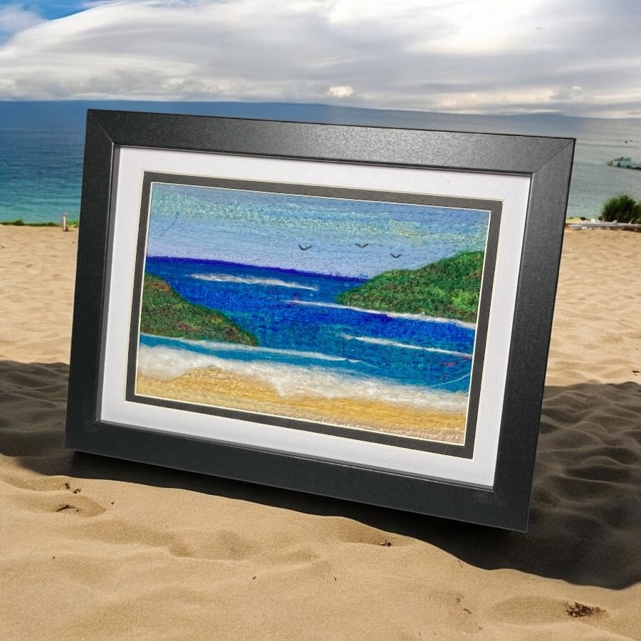 Textile picture, needle felted, Seascape, 5" x 7" mounted or framed