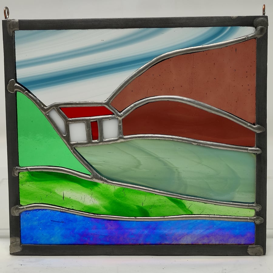 SOLD Scottish mountain bothy stained glass landscape in copperfoil and lead. 