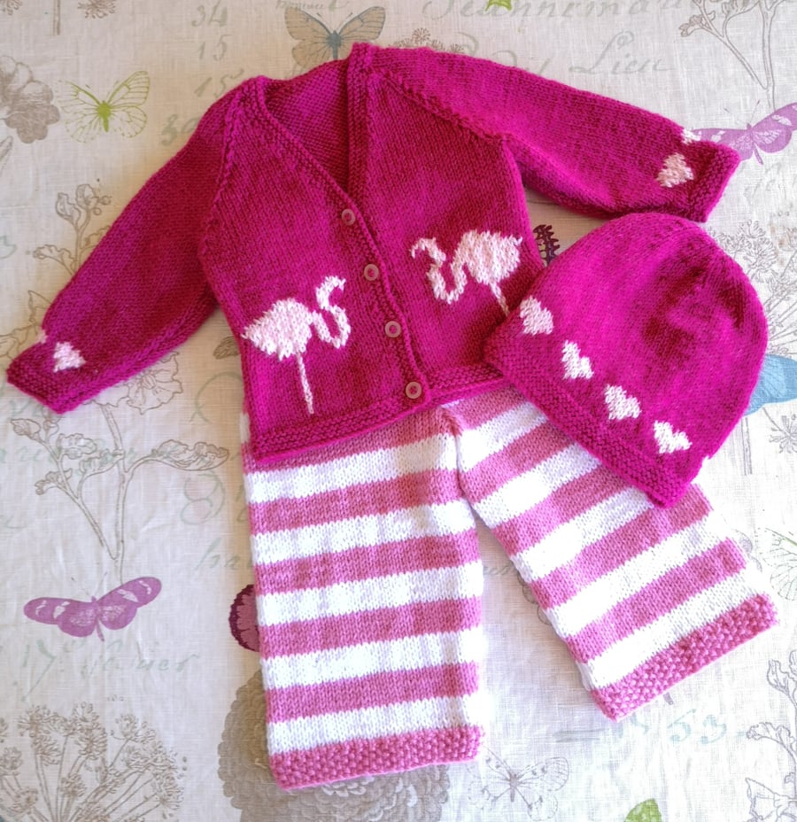 Flamingo Knitting Pattern for Baby sweater trousers and hat outfit.  Digital