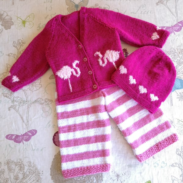 Flamingo Knitting Pattern for Baby sweater trousers and hat outfit.  Digital