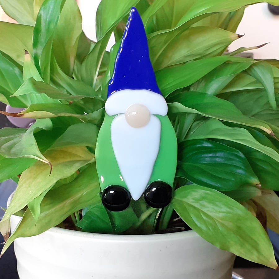 Fused glass gonk or gnome plant pot garden stake decoration, blue hat