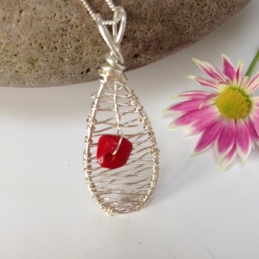 Sterling Silver and Coral Pendant Necklace