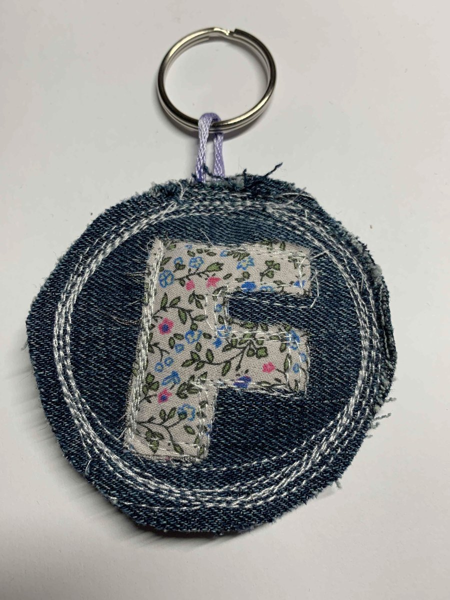 Upcycled denim key ring. Boho F