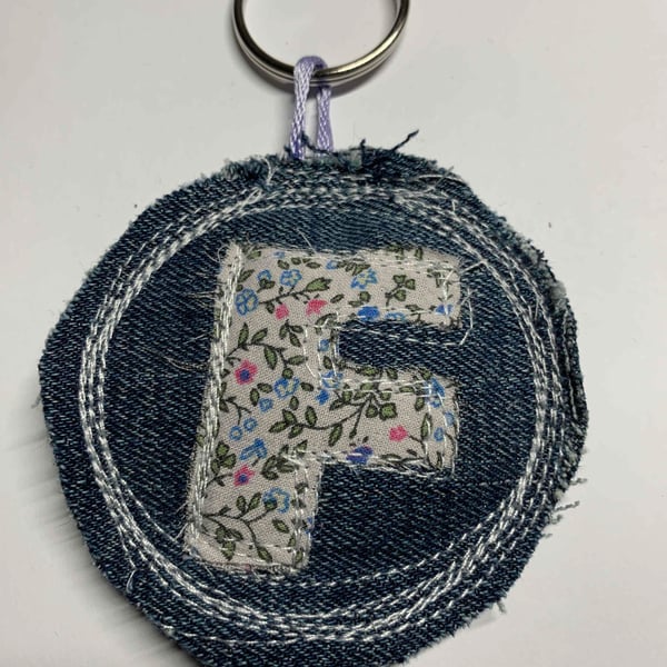 Ditsy flower hand crafted up cycled denim key ring. Boho F