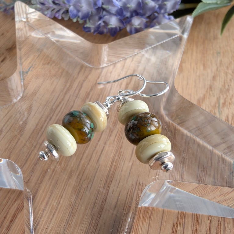 Handmade Sterling Silver Green Moss Lampwork Earrings
