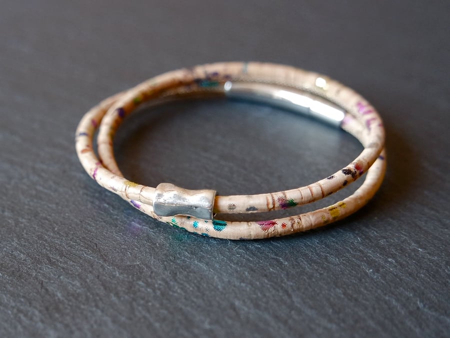 cork vegan rainbow wrap bracelet metallic with bead