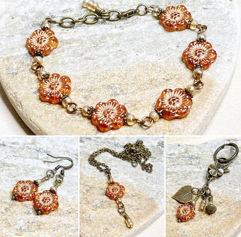 Handmade orange floral jewellery set with keyring, boho style anemone flower set