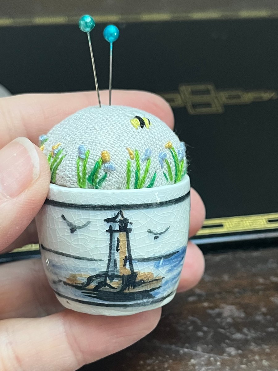Lighthouse Lands End souvenir egg cup embroidered pincushion