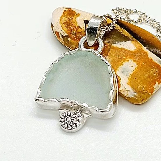 Sea glass necklace with ammonite sterling silver