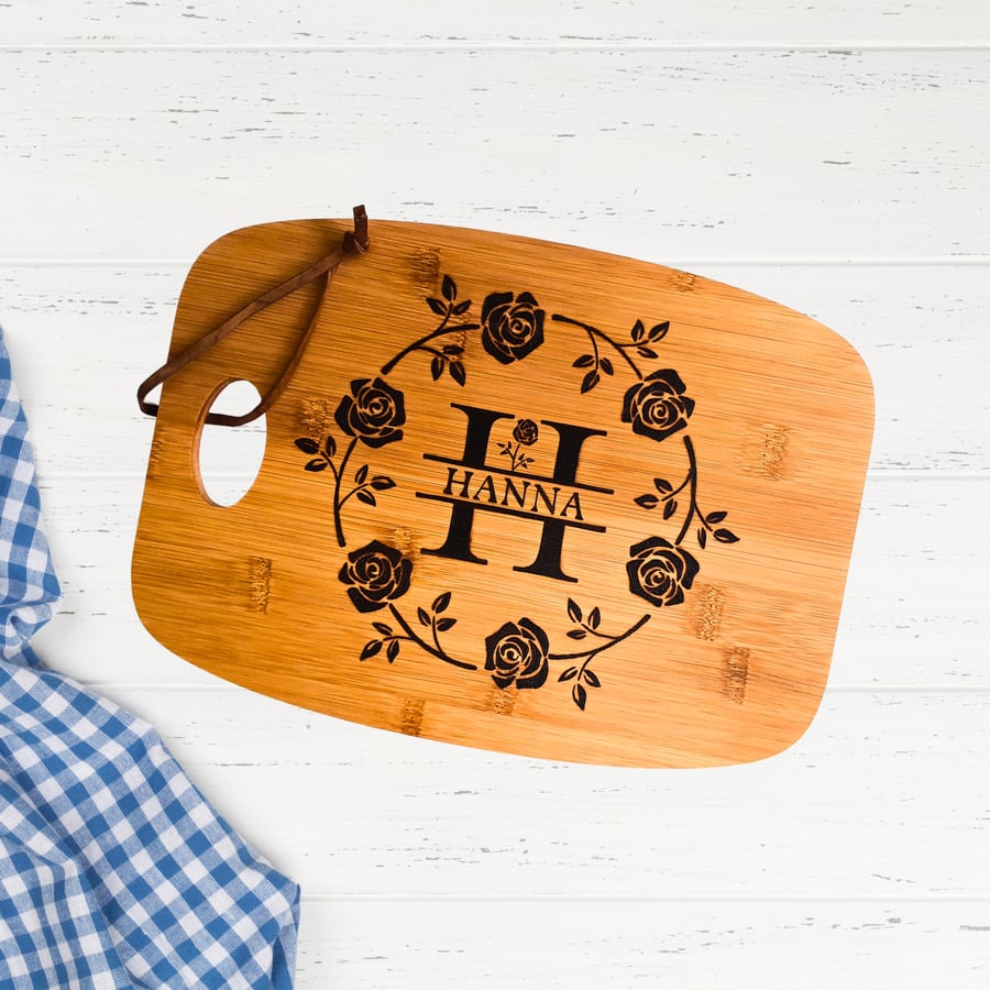 Chopping Board Personalised With Name & Monogram, Bamboo Cheese - Bread Board 
