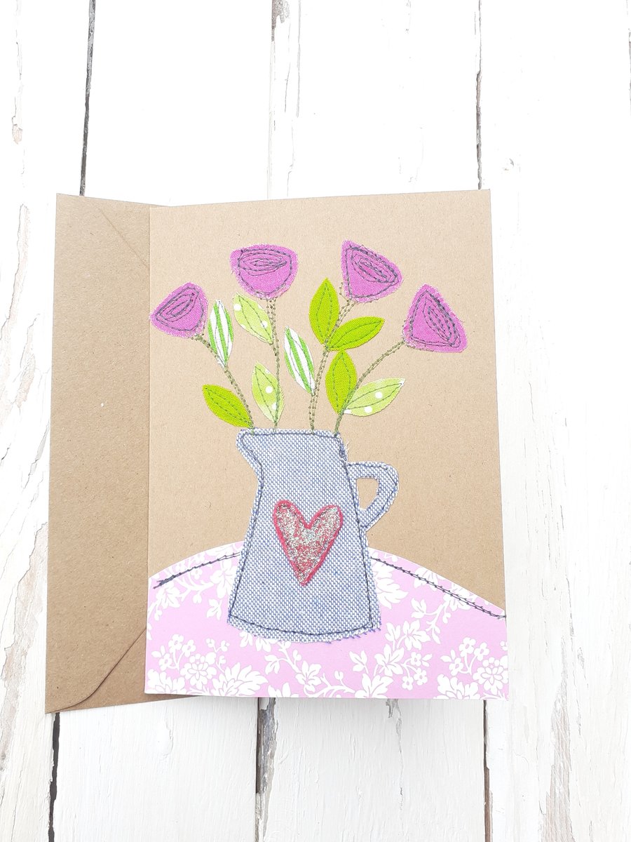 Greetings Card Original Stitched Fabric Jug of  Flowers Design Birthday Blank
