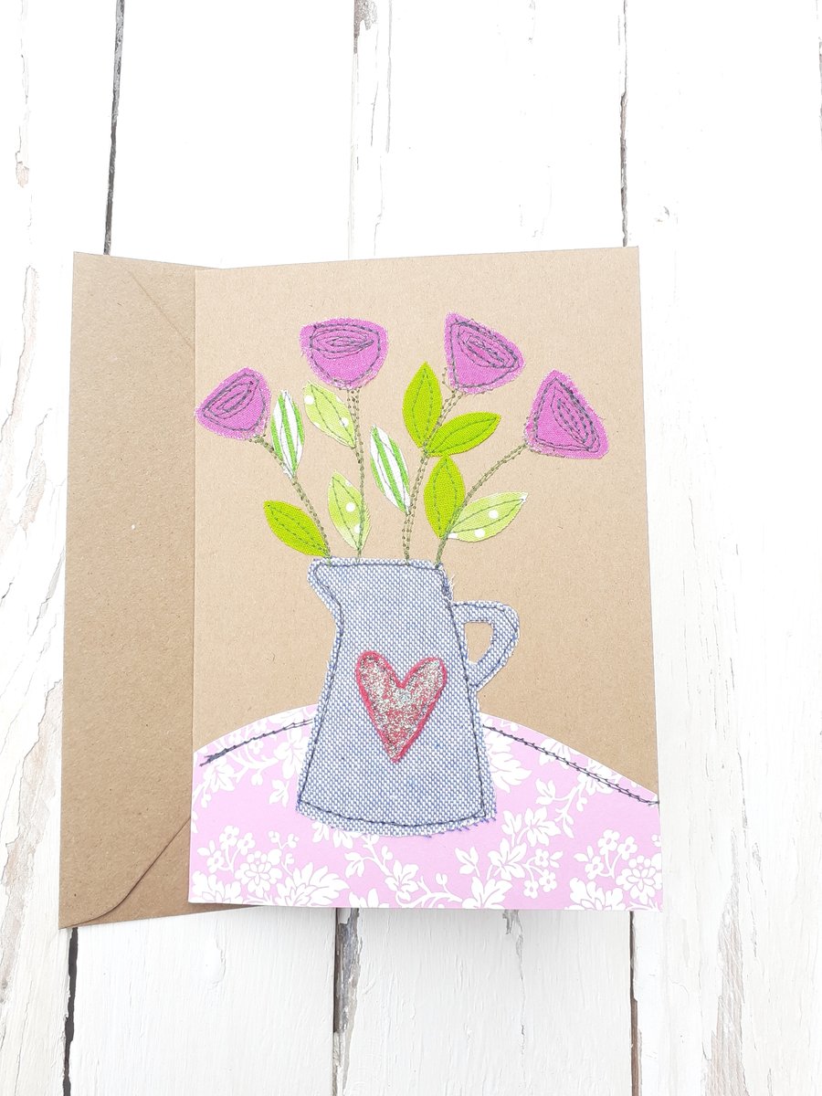 Greetings Card Original Stitched Fabric Jug of  Flowers Design Birthday Blank