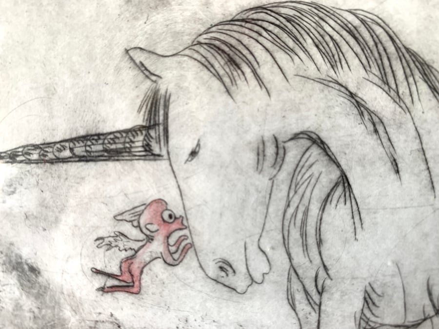 Unicorn Love, hand printed drypoint etching print