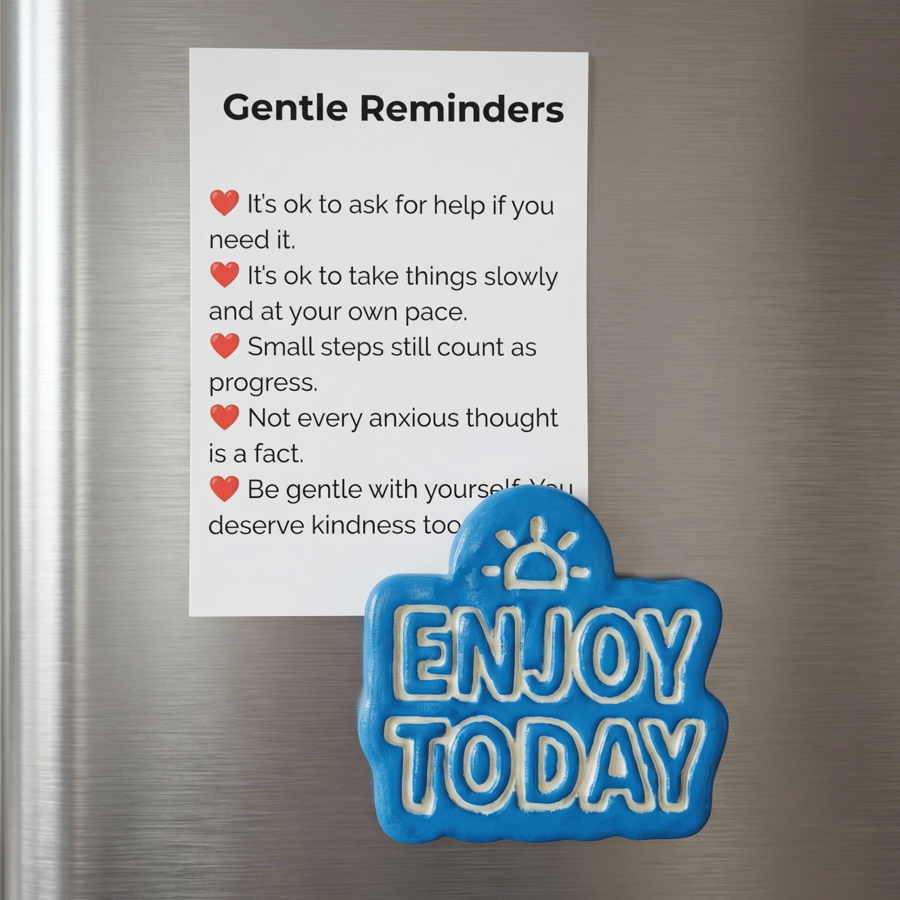 Blue Enjoy Today handmade fridge magnet with A7 Gentle Reminders card