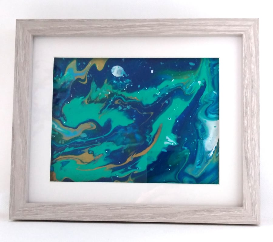 Paint pour canvas artwork original, unique fluid art, placed in a frame great gi