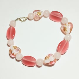 Pink Gemstone, Rose Quartz and Lampwork Heart Bracelet - UK Free Post