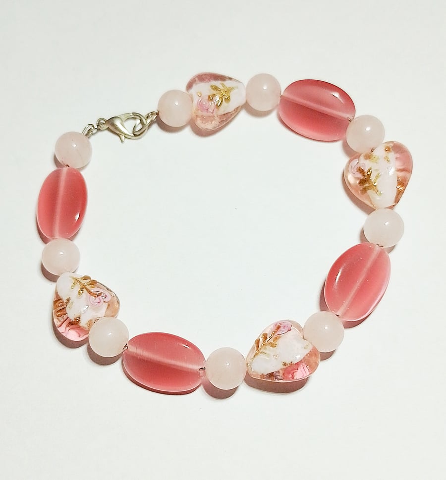 Pink Gemstone, Rose Quartz and Lampwork Heart Bracelet - UK Free Post