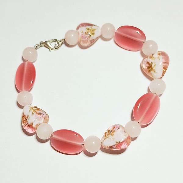 Pink Gemstone, Rose Quartz and Lampwork Heart Bracelet - UK Free Post