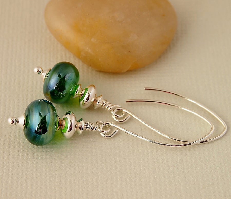 Light Green Lampwork Glass Earrings - Sterling Silver