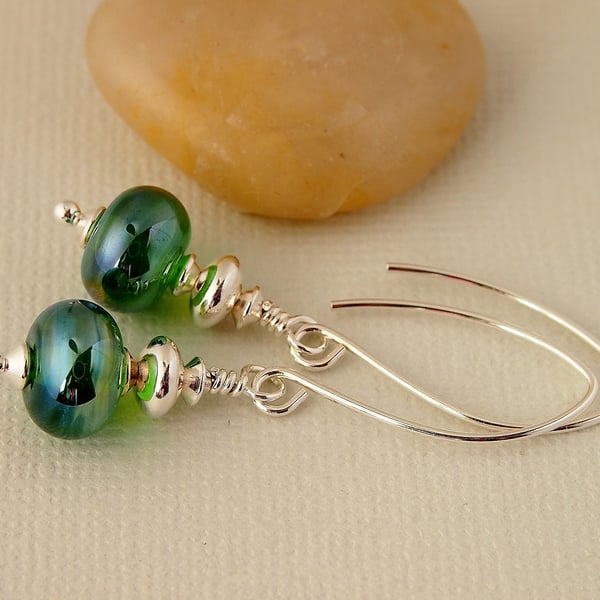 Light Green Lampwork Glass Earrings - Sterling Silver