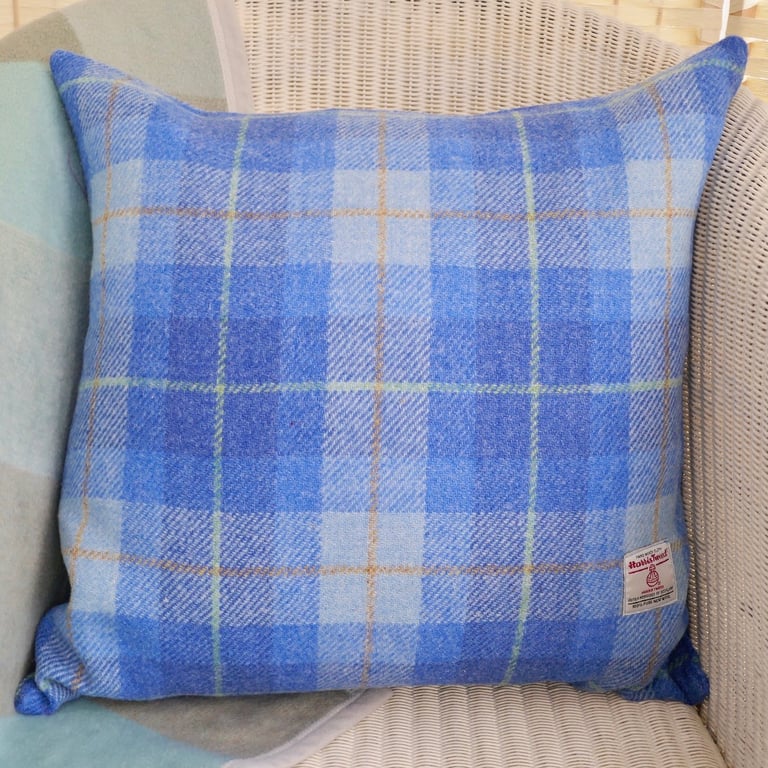 Harris Tweed Scatter Cushion with Pad, Blue Check 48cm
