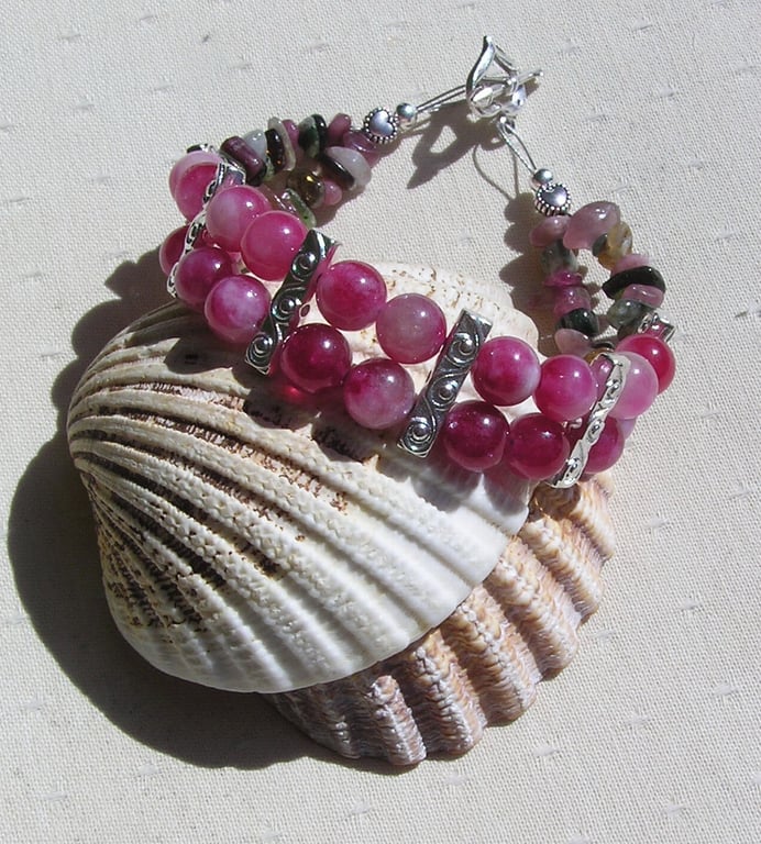Pink & Watermelon Tourmaline Gemstone Crystal Beaded Bracelet