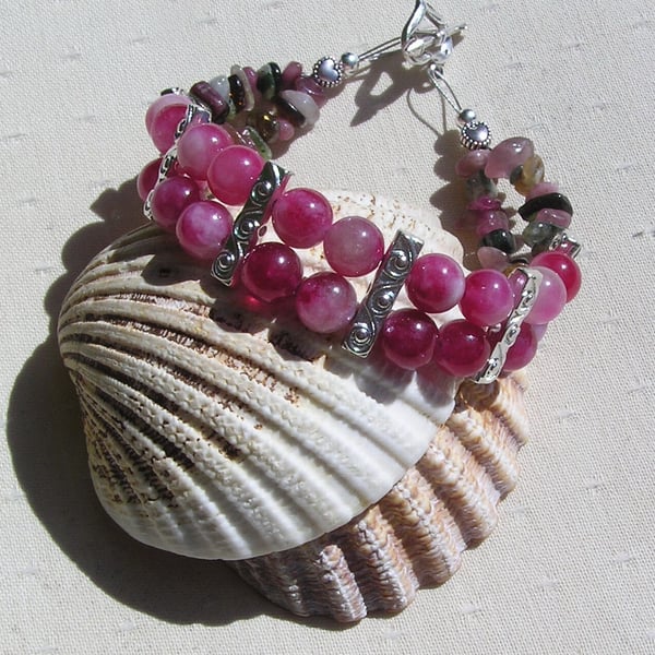 Pink & Watermelon Tourmaline Gemstone Crystal Beaded Bracelet